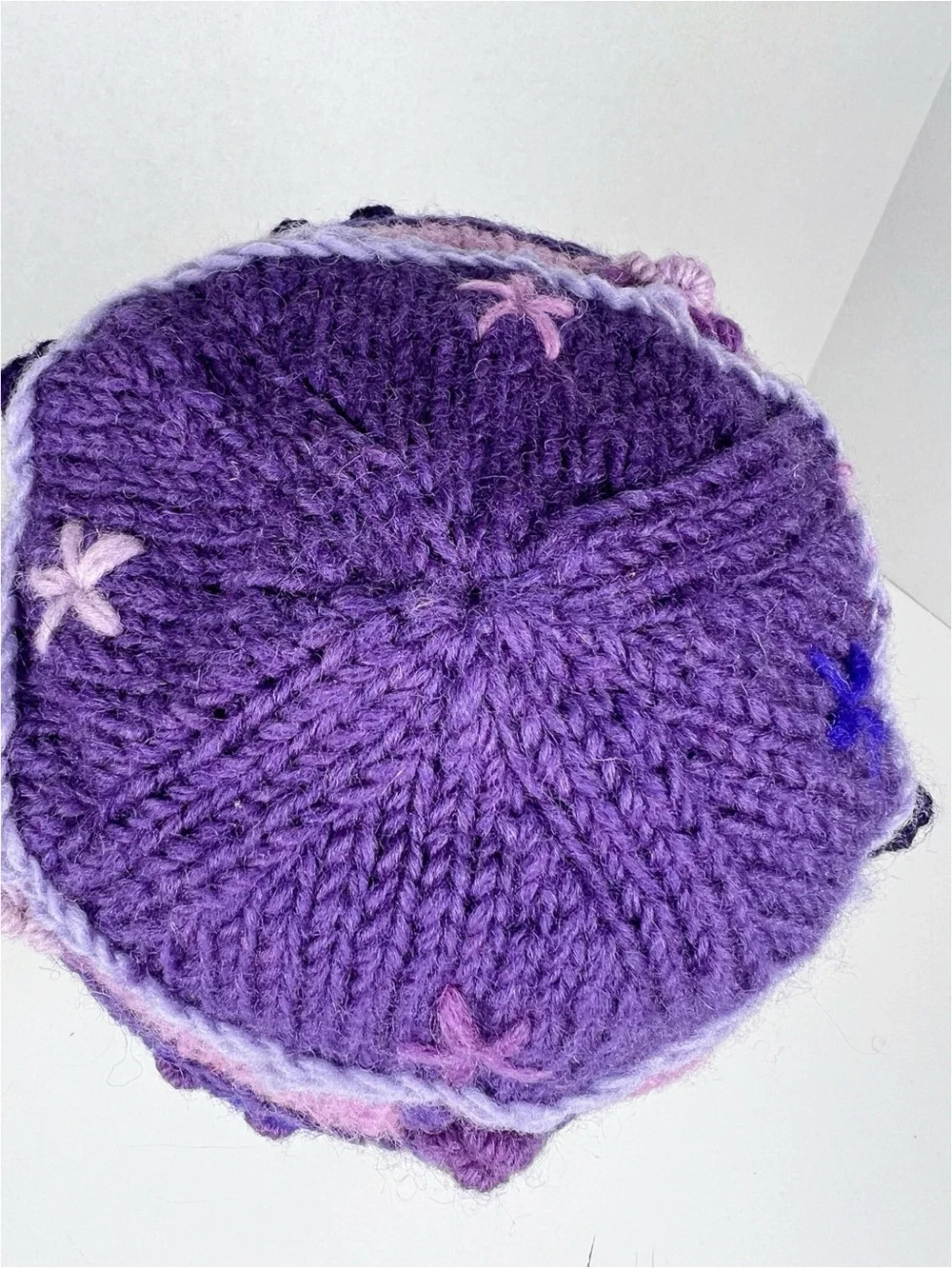 Handmade in Nepal Purple Pink Blue Floral 100% Wool Knit Beanie Hat